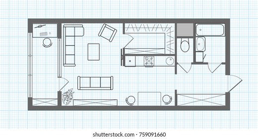 Vector floor plan of a long studio apartment on background of millimeter paper. Professional house layout and furniture. Illustration of a one-room apartment in the form of a sketch drawing.