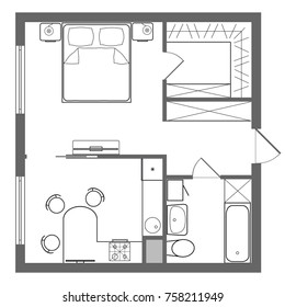 Vector floor plan studio apartment. Professional house placement furniture. With bedroom, kitchen, dressing room, toilet.
Illustration of the architectural solution of a one-room apartment interior