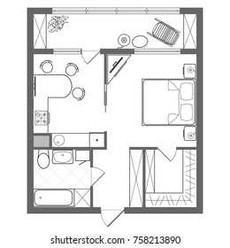 Vector floor plan studio apartment. Professional houses layout and placement furniture. With a bedroom, a kitchen, a dressing room, a toilet and a balcony with a loggia. Illustration  sketch drawing.