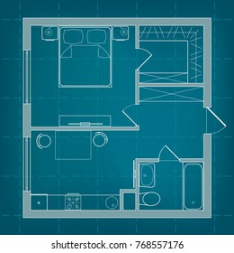 Vector Floor Plan Studio Apartment With Bedroom And Kitchen. Professional House Layout And Furniture On Background Of Millimeter Paper. Illustration In Blueprint Drawing Top View