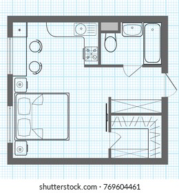 Vector Floor Plan Of Studio Apartment On A Background Of Millimeter Paper. Professional House Layout And Furniture. Illustration Apartment In The Form Of Blueprint Drawing Top View.