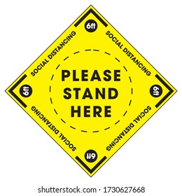 Vector of floor sign yellow with black text to help promote social distancing.   6ft markers to illustrate proper distancing. protection from Covid-19, Coronavirus outbreak spreading illustration.
