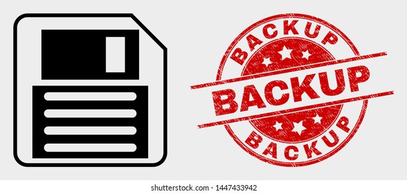 Vector floppy disk icon and Backup watermark. Red rounded scratched stamp with Backup text. Vector composition for floppy disk in flat style. Black isolated floppy disk icon.