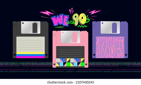 Vector Floppy Disk Illustration Flat Design. 90s and 80s poster. We are Nineties. Retro style textures and  Aesthetic background. Old school personal computer. Vintage vector poster, banner, logo.