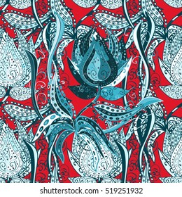 Vector flora background. Blue doodles flowers. Red background. Vector.