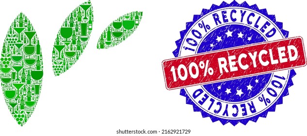 Vector flora leaf abstraction icon wine collage with grunge bicolor 100 percents Recycled seal stamp. Red and blue bicolored badge with grunge surface and 100 percents Recycled phrase.