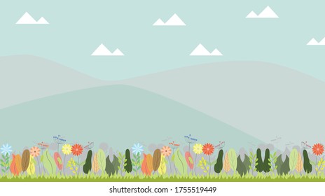 Vector flora nature background, plant landscape. Flat leaves design. Flower plants, hills and mountains vector illustration. flower and grass with hills background. Plant portrait.