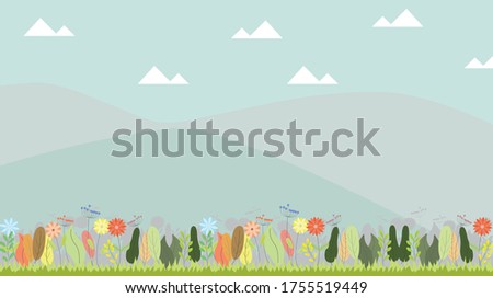Vector flora nature background, plant landscape. Flat leaves design. Flower plants, hills and mountains vector illustration. flower and grass with hills background. Plant portrait.