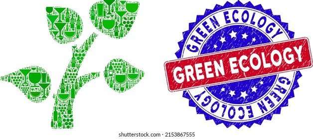 Vector flora plant icon wine mosaic with grunge bicolor Green Ecology seal stamp. Red and blue bicolored stamp with grunge texture and Green Ecology caption.