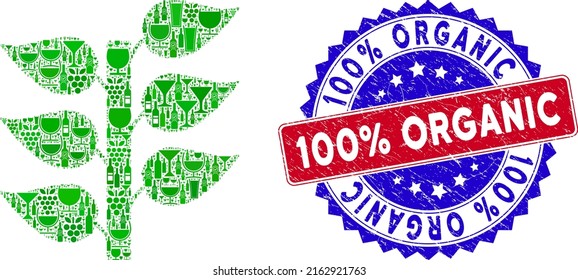Vector flora plant icon wine mosaic with grunge bicolor 100 percents Organic stamp. Red and blue bicolored badge with grunge surface and 100 percents Organic tag. Flora plant mosaic icon is created