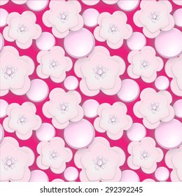 Vector Floral 3d Paper Sakura Seamless Pattern on Pink Background. For Invitation cards decoration