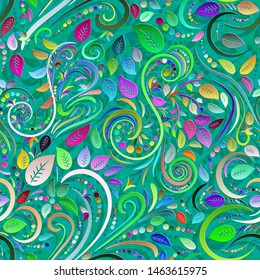 Vector floral 3D seamless background. Riot of colors. Multicolored spirals and leaves on a green background.