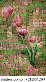 Mosaico abstracto vectorial floral. Tulipanes de primavera brillante. Diseño de afiches, postal. Para las vacaciones de todos los amantes, el 8 de marzo. Regalo para niñas y mujeres. Tensión y alegría para los queridos.