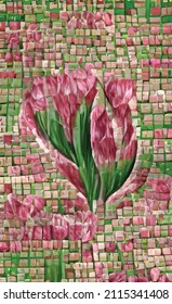 Vector floral abstract mosaic. Bright spring tulips. Poster design, postcard. For the holiday of all lovers, on March 8. Gift for girls and women. Tenderness and joy for the beloved.