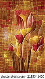 Vector floral abstract mosaic. Bright spring tulips. Poster design, postcard. For the holiday of all lovers, on March 8. Gift for girls and women. Tenderness and joy for the beloved.