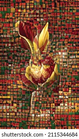 Vector floral abstract mosaic. Bright spring tulips. Poster design, postcard. For the holiday of all lovers, on March 8. Gift for girls and women. Tenderness and joy for the beloved.
