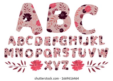 Vector floral adorable alphabet from A to Z. Letters with flowers. Capital characters. Botanical monogram. Pink, , purple, maroon, coral color flowers, twigs, leaves in the shape of a bold letter. 