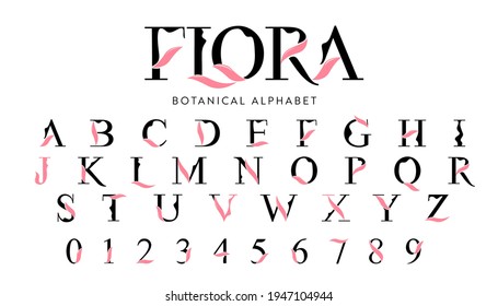 Alfabeto vectorial floral con elementos de hojas decorativas. Fuente de elegancia moderna con letras mayúsculas. Ilustración vectorial.