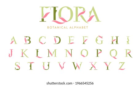 Vector Floral Alphabet with decorative leafs elements. Modern elegance font with uppercase letters. Vector Illustration.