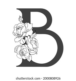 Vector floral alphabet. Floral design of letter B. Monogram floral letters. Decoration of wedding invitations, cards, business cards of florists. Floral design of roses in a linear style.