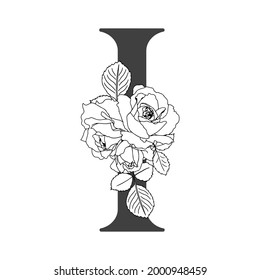 Vector floral alphabet. Floral design of letter I. Monogram floral letters. Decoration of wedding invitations, cards, business cards of florists. Floral design of roses in a linear style.