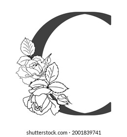 Vector floral alphabet. Floral design of letter C. Monogram floral letters. Decoration of wedding invitations, cards, business cards of florists. Floral design of roses in a linear style.