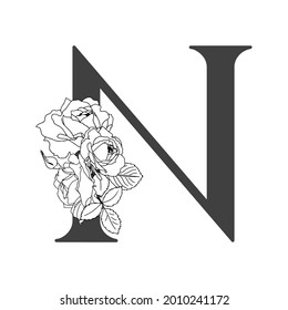 Vector floral alphabet. Floral design of letter N. Monogram floral letters. Decoration of wedding invitations, cards, business cards of florists. Floral design of roses in a linear style.