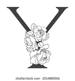 Vector floral alphabet. Floral design of letter Y. Monogram floral letters. Decoration of wedding invitations, cards, business cards of florists. Floral design of roses in a linear style.