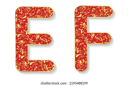 Vector floral alphabet E F isolated on white background. Vector illustration.