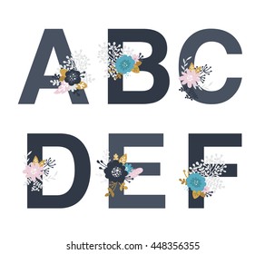 Vector Floral alphabet isolated on white background. Flower letters with arrows and feathers for design save the date cards, birthday invitations, baby shower invites. Tribal font