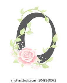 Vector floral alphabet letter O with pink cream rose flowers and light green leaves. Holiday design watercolor style design. Monogram initials perfectly for wedding invitation, greeting card