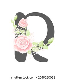 Vector floral alphabet letter R with pink cream rose flowers and light green leaves. Holiday design watercolor style design. Monogram initials perfectly for wedding invitation, greeting card
