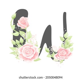 Vector floral alphabet letter W with pink cream rose flowers and light green leaves. Holiday design watercolor style design. Monogram initials perfectly for wedding invitation, greeting card