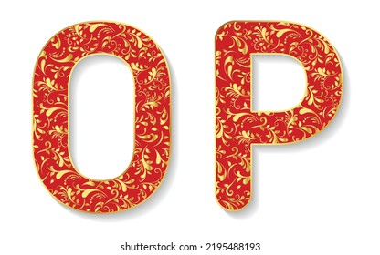 Vector floral alphabet O P isolated on white background. Vector illustration.