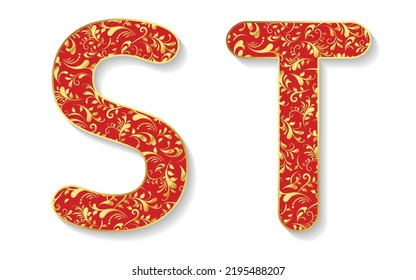 Vector floral alphabet S T isolated on white background. Vector illustration.