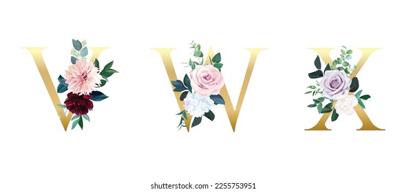 Alfabeto vectorial floral con una hermosa decoración floral y de hojas