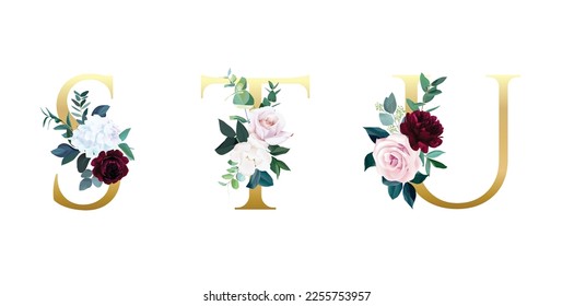 Alfabeto vectorial floral con una hermosa decoración floral y de hojas