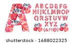 Vector floral alphabet from A to Z. Letters with flowers. Capital characters. Botanical monogram. Orange, red, maroon, coral color mallow flowers, buds, twigs, leaves in the shape of a bold letter. 