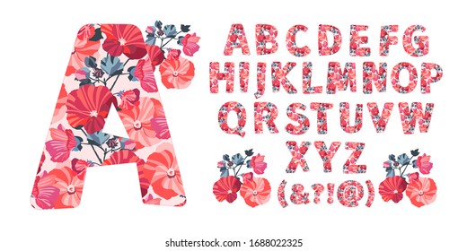 Vector floral alphabet from A to Z. Letters with flowers. Capital characters. Botanical monogram. Orange, red, maroon, coral color mallow flowers, buds, twigs, leaves in the shape of a bold letter. 