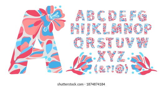 Vector floral alphabet from A to Z. Letters with flowers. Capital characters. Botanical monogram. Pink, blue color flowers, buds, twigs, leaves in the shape of a bold letter. 