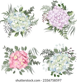 Vector floral arrangement on white background with gold elements and glitter. Blue, white and pink hydrangea, eucalyptus, gypsophila, green leaves and branches. 