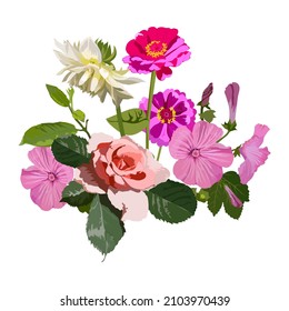 Vector floral arrangement of soda flowers isolated on white background, print for clothes, postcard. Flowers rose, dahlia, zinnia, petunia.