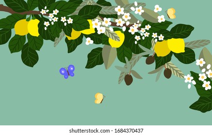 Vector. Floral arrangement template with lemons and leaves for textile, postcards, banners, flyers and others. 