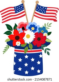 Vector floral arrangement with US national colors flowers, foliage, and flags. Isolated on white background. Great for holiday cards, invitations, and 4th of July banners.