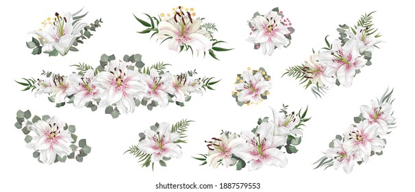 Vector floral arrangements. White royal lilies, eucalyptus, various plants and flowers. Corners, borders and bouquets.