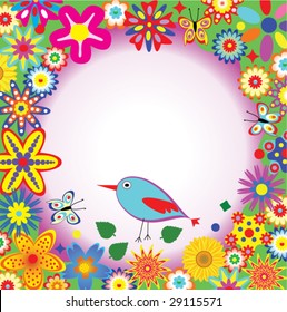 vector floral art background with spring flowers, butterflies and a bird