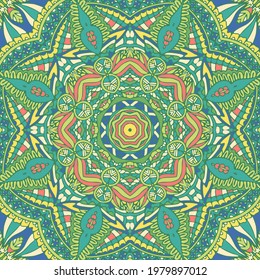Vector de arte floral mandala sin fisuras. Impresión de estilo vectorial de selva tropical.
