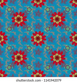 Vector floral art for textile, wallpaper, pattern fills, covers, surface, print, gift wrap. Seamless pattern in small cute flowers of lovely abstract elements in red, yellow and blue flowers.