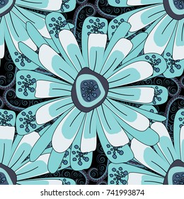 Vector floral art for textile, wallpaper, pattern fills, covers, surface, print, gift wrap. Seamless pattern in small cute flowers of lovely abstract elements in black, gray and blue flowers.