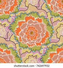 Vector floral art for textile, wallpaper, pattern fills, covers, surface, print, gift wrap. Seamless pattern in small cute flowers of lovely abstract elements in orange, pink and green flowers.